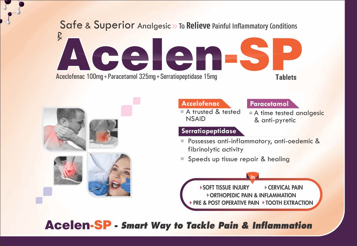 Acelen SP Aceclofenac 100mg Paracetamol 325mg Serratiopeptidase